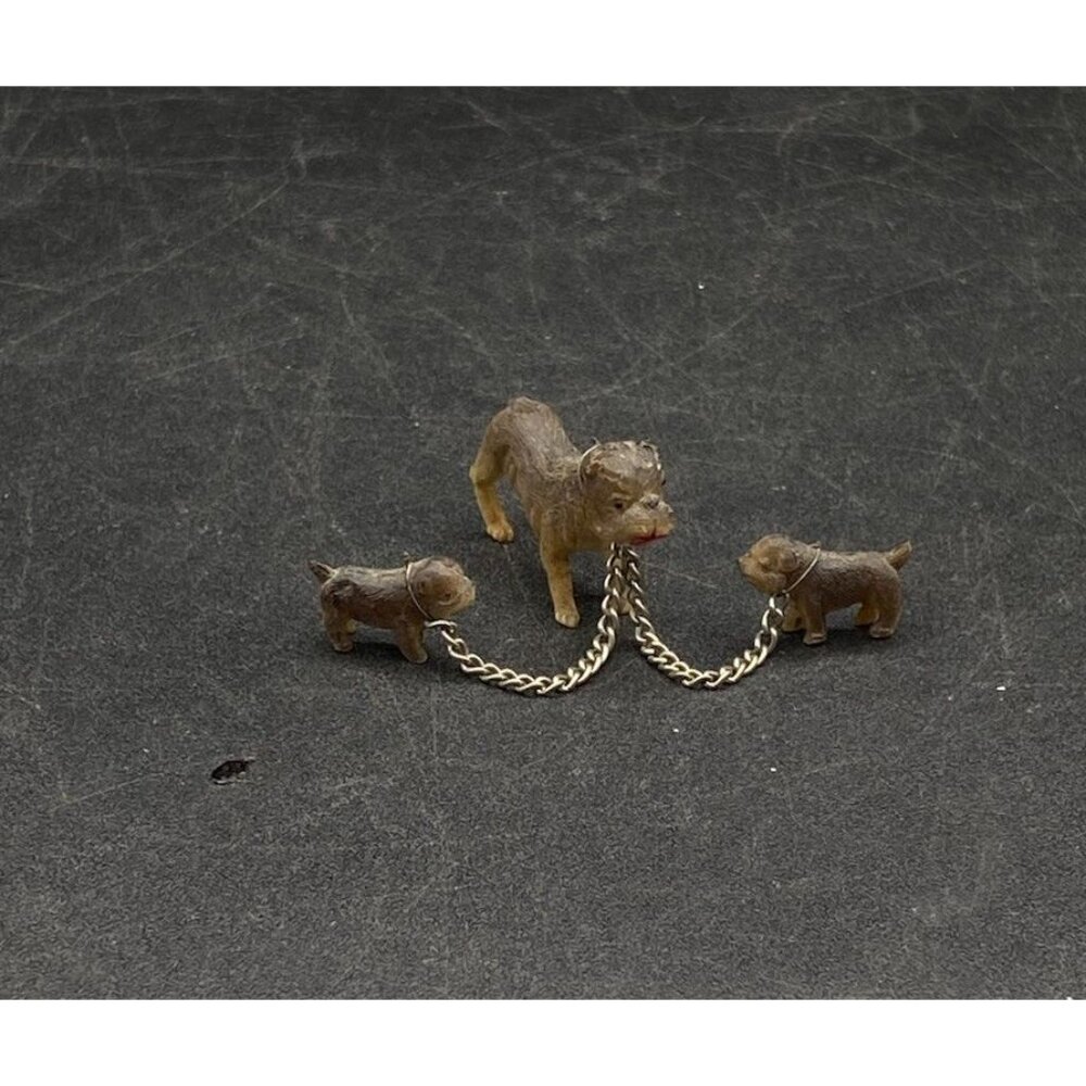 Tiny Celluloid Bull Dog Mama & 2 Puppies On Chain Leash Occupied Japan 1945 - Picture 3 of 8